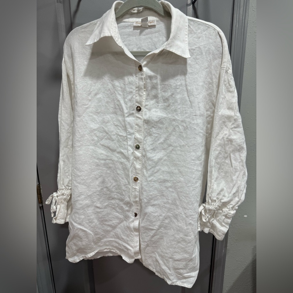 White Casual Button Down Shirt with Textured Linen Blend